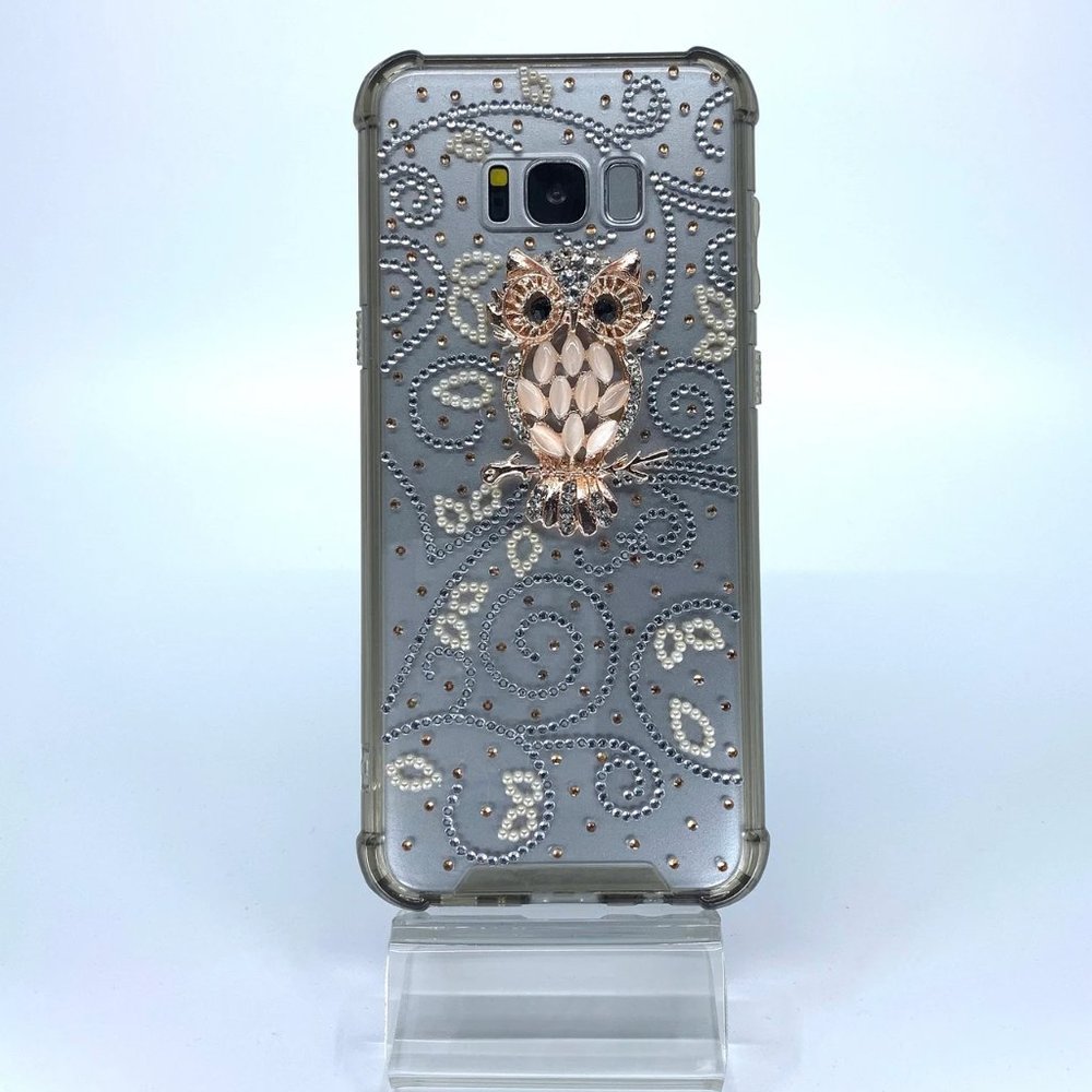 Galaxy S8 Plus TPU + PC case. Unique. Handmade. Silver Pearl peach rhinestone